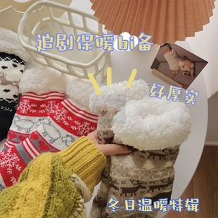 羊羔绒袜子女长袜秋冬加绒加厚保暖居家地板袜巨厚暖脚睡眠中筒袜