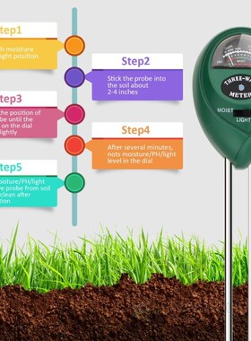 Soil PH Tester 3-in-1 Moisture Sensor Meter Sunlight PH Soil
