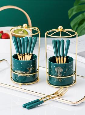 Nordic Ceramic Stainless Steel Fruit Fork Storage Tube Desse