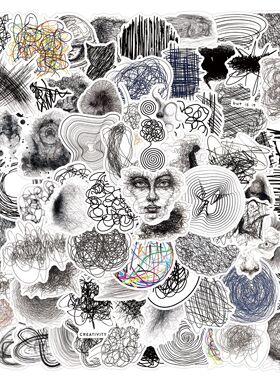 110张黑笔潦草简笔风手绘画Scribble贴纸笔记本电脑手机手账贴画