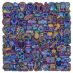 100张高级感镭射霓虹灯贴纸个性行李箱旅行箱滑板机车头盔装饰贴