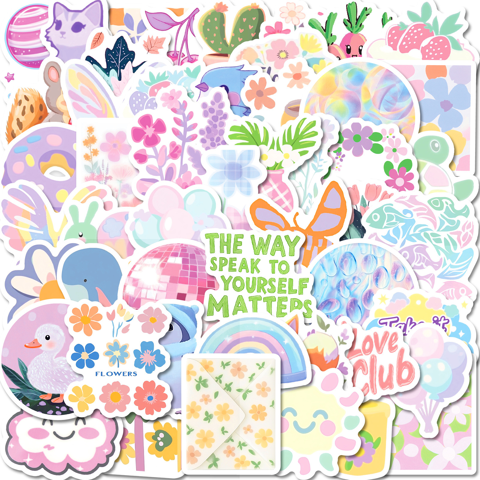 50张小清新粉彩花卉涂鸦贴纸行李箱电脑水杯手机壳吉他音箱防水贴