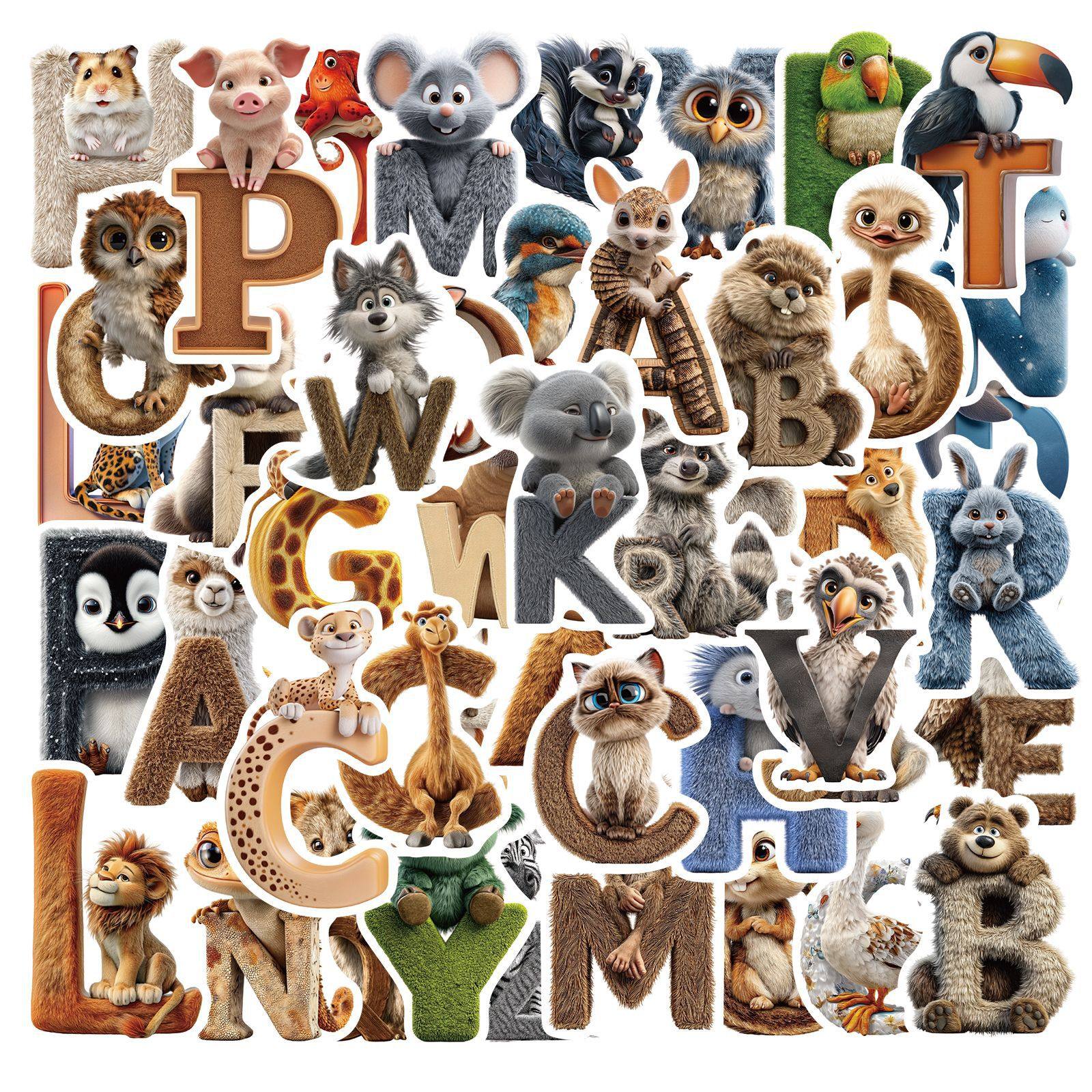 50张卡通动物英文字母贴纸手账装饰儿童启蒙益智装饰早教防水贴画,3C数码配件,笔记本个性小贴纸,淘宝优惠券,粉丝福利购,淘宝优惠卷