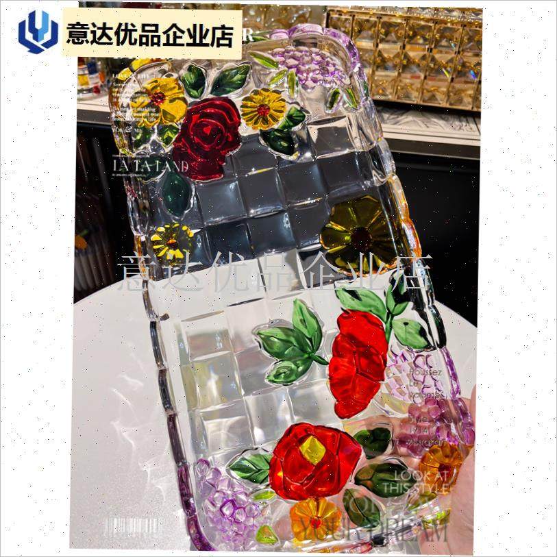 款轻奢覆古华丽加m厚手绘玫瑰花朵水晶玻璃果盘杯盘餐盘收纳盘,,餐饮具,餐用托盘,淘宝优惠券,粉丝福利购,淘宝优惠卷