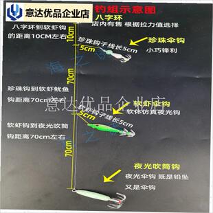 光鱿鱼钩日本木虾吹筒仔钩神器荧光软虾M伞钩八爪鱼无倒刺钓钩