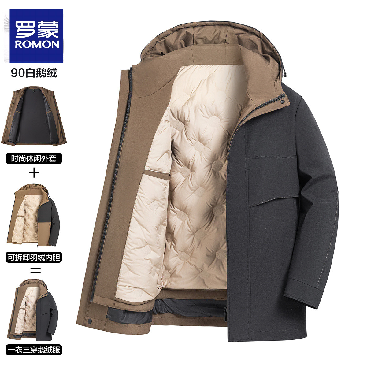 【90白鹅绒】罗蒙官方正品连帽男士商务休闲外套男舒适保暖羽绒服