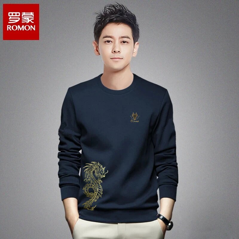 罗蒙/Romon官方正品男装时尚圆领印花卫衣加绒运动休闲上衣男3999