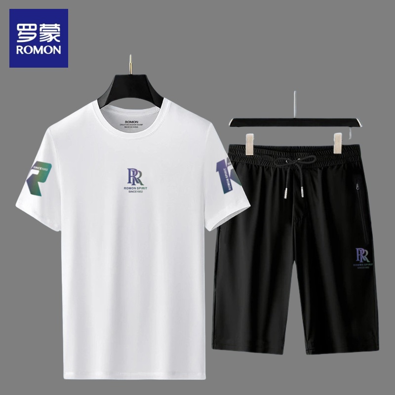 Romon/罗蒙男装圆领短袖短裤套装夏季时尚商务休闲个性套头T恤