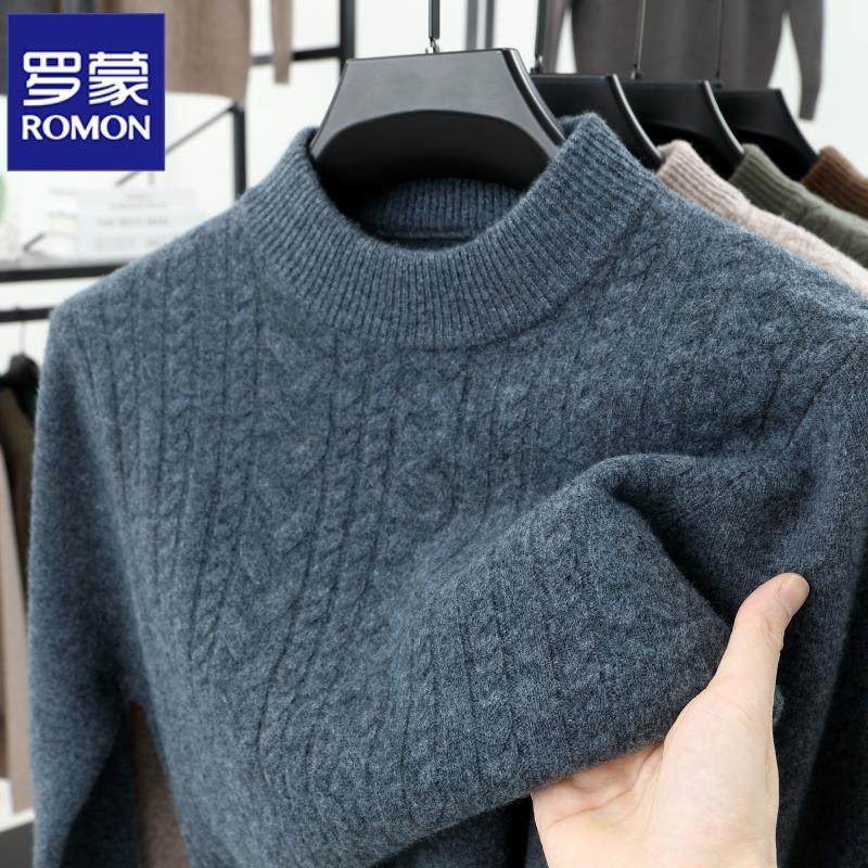 罗蒙羊毛衫男100纯羊毛冬季圆领2024新款加厚保暖毛衣套头秋冬装