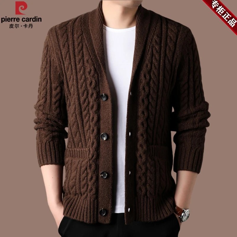 皮尔卡丹国际大牌羊毛衫男开衫春秋新款休闲针织衫百搭毛衣外套