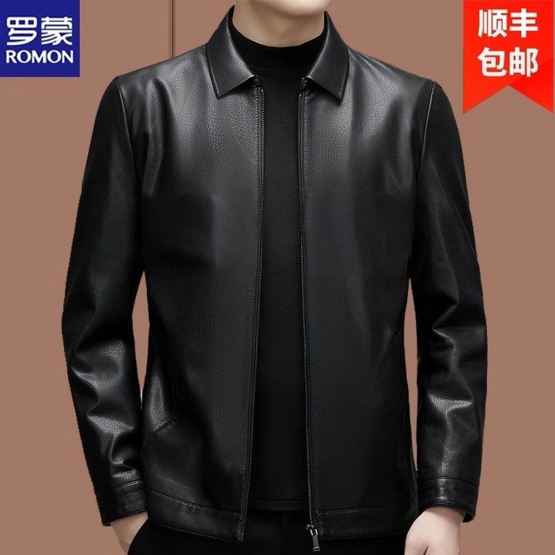 罗蒙皮衣男士水洗皮皮衣商务夹克中年爸爸2025中老年加绒加厚外套