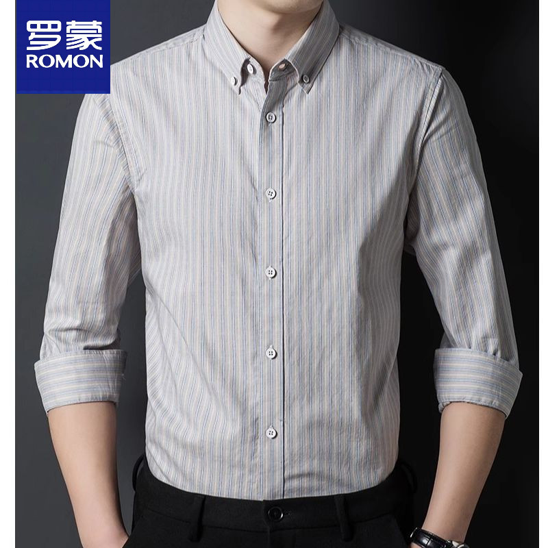 罗蒙纯棉长袖衬衫男士中年春秋季新款商务休闲宽松免烫条纹衬衣男