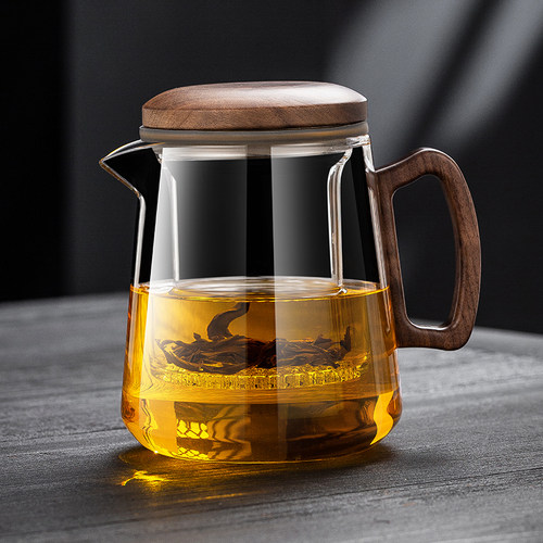 胡桃木把高硼硅茶水分离茶壶