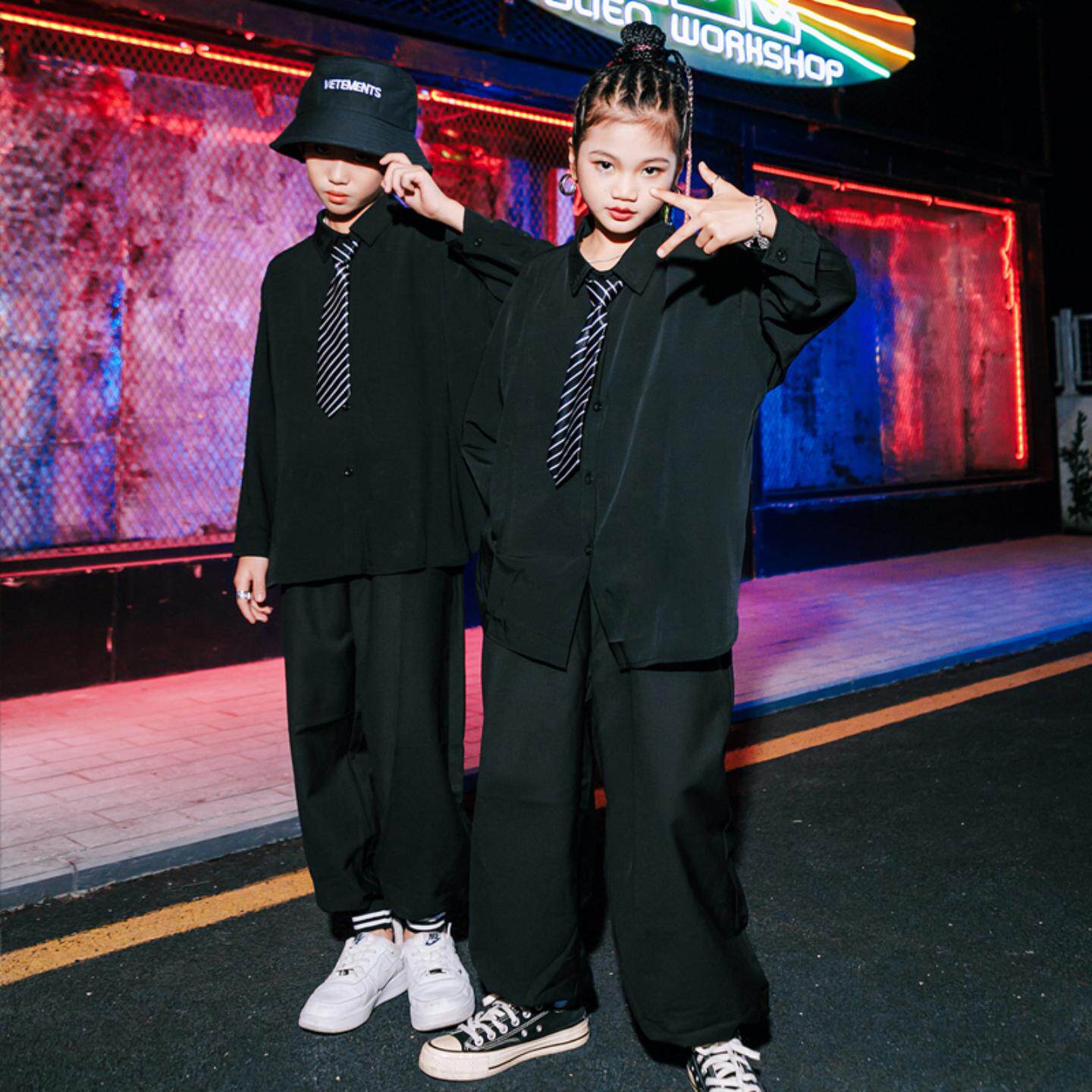 女童爵士舞服装儿童套装衬衫男童嘻哈街舞演出服潮流演出服