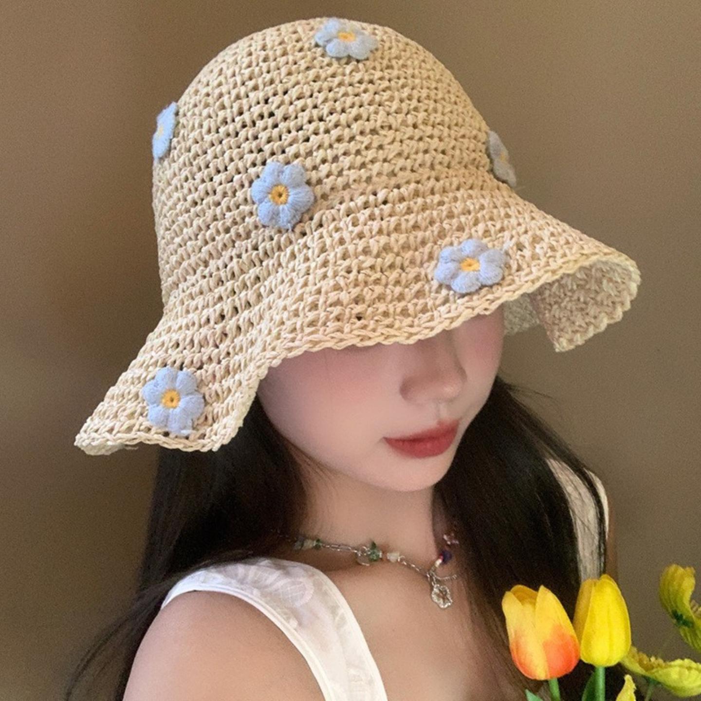 海边花朵草帽女夏季可折叠防晒