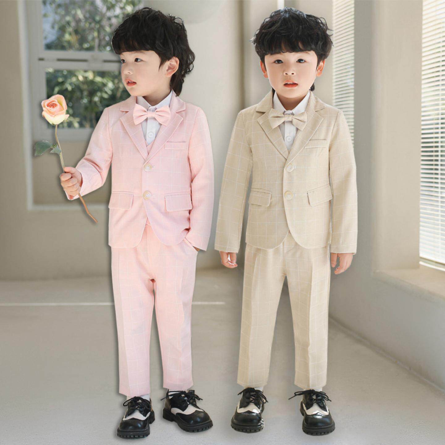 儿童礼服春装新款英伦格子小西装男童绅士钢琴主持演出服套装