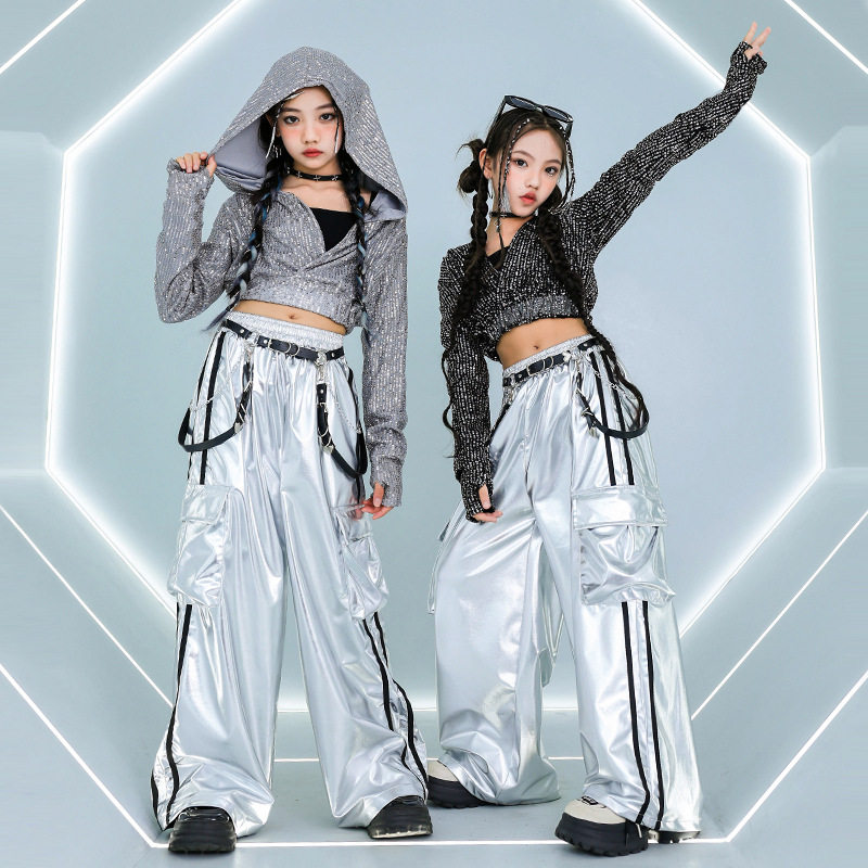 爵士舞女童服装露脐银色亮片套装