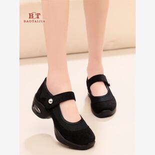 老北京布鞋广场舞蹈鞋网面女式中高跟软底防滑气垫透气拉带舞蹈鞋