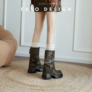 真皮FXSO方巷2025年秋季新款皮带扣短靴显瘦复古风短筒裤管靴子女