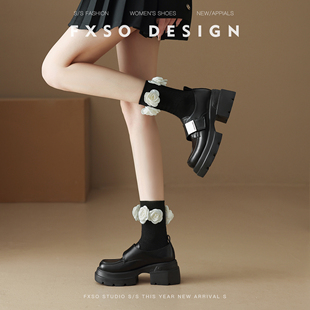 FXSO方巷真皮厚底乐福鞋女款2025秋冬季新款百搭粗跟黑色小皮鞋子