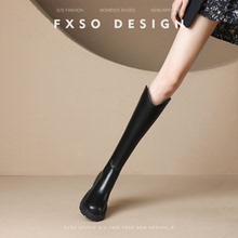 真皮 FXSO方巷2025春秋季新款V口长筒靴粗高跟加绒骑士靴长靴子女