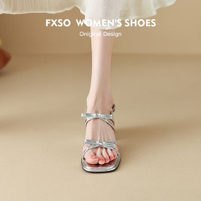 FXSO方巷一字带蝴蝶结露趾凉鞋女