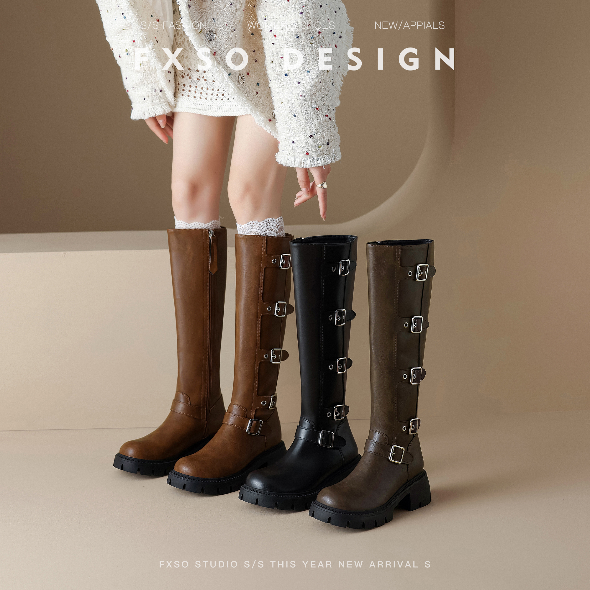 FXSO方巷皮带扣厚底高跟骑士靴女