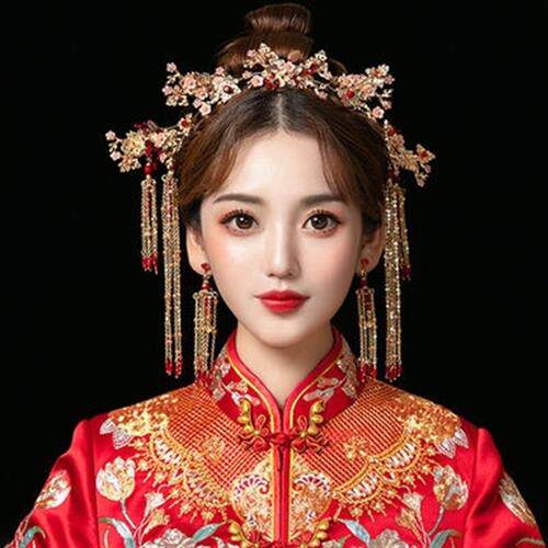 结婚头饰新娘中式简约圆脸发型新娘摄影古装秀禾盘发宫廷包装饰