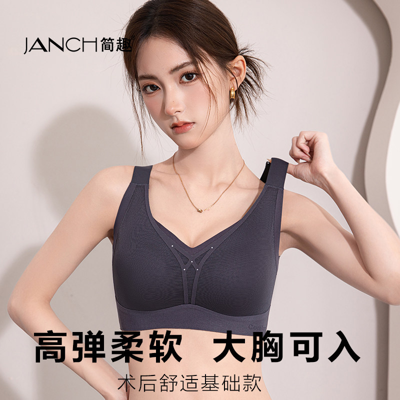 简趣大胸显小乳腺术后专用光面网纱可置义乳文胸背勾无痕大胸胸罩