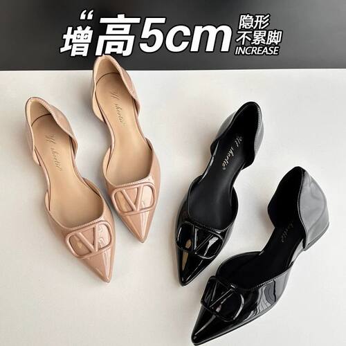 尖头内增高中空浅口玛丽珍单鞋