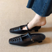 气质百搭包头外穿拖鞋 新款 女2026年夏季 3.5cm复古编织方头穆勒鞋