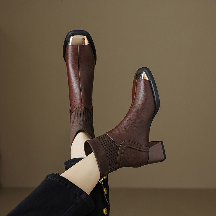 气质短靴女高跟靴子2025年秋冬新款方头粗跟软皮毛线口后拉链袜靴,女鞋,时装靴,淘宝优惠券,粉丝福利购,淘宝优惠卷