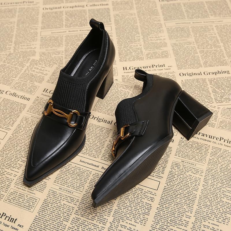 软皮松紧口法式深口尖头单鞋