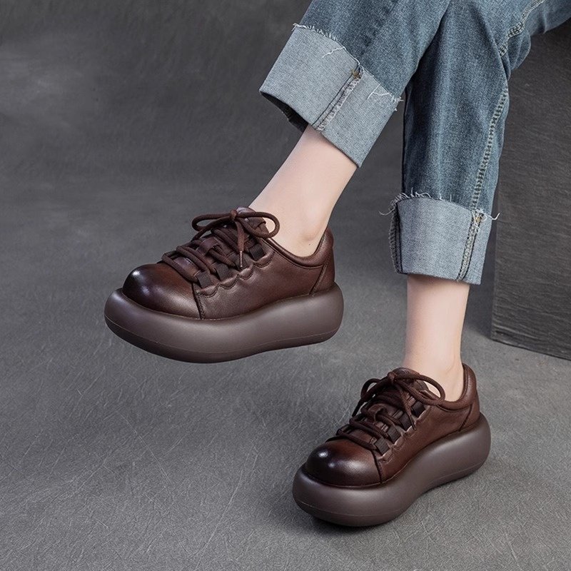 小个子松糕厚底复古休闲单鞋女2025春季新款系带丑萌圆头深口皮鞋,女鞋,深口单鞋,淘宝优惠券,粉丝福利购,淘宝优惠卷