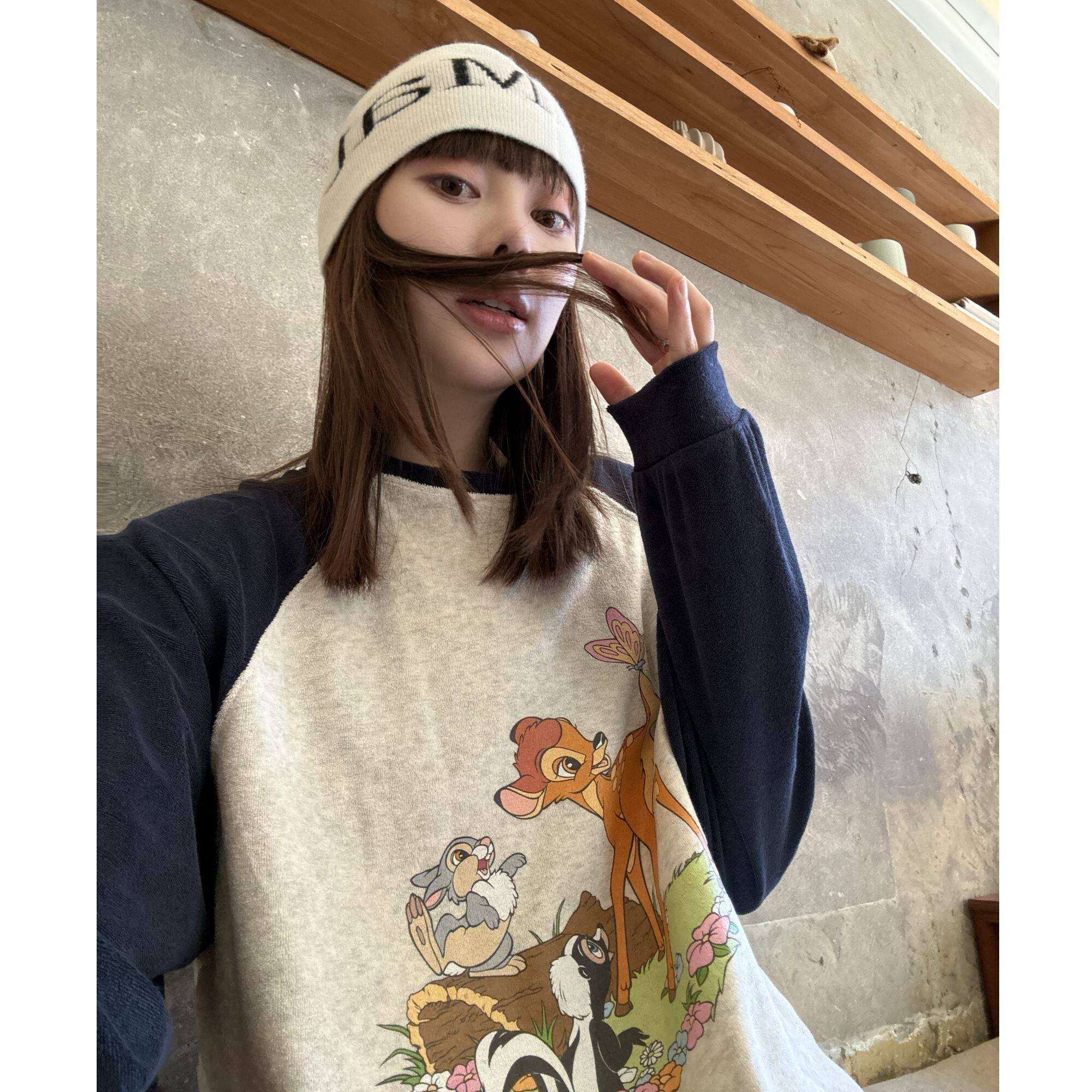 SEVENFUOO-毛巾料【小鹿斑比】宽松休闲插肩长袖T恤