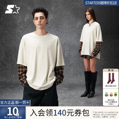 STARTERT恤2025秋季新款男女款宽松休闲纯棉假两件拼接T恤上衣