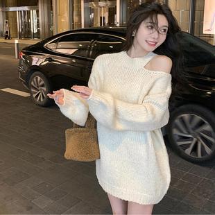 宽松慵懒氛围感外穿亮片针织上衣 设计感小众露肩毛衣女2024秋冬季