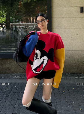 WUU 圆领卡通图案插肩袖拼色长袖针织衫毛衣36002