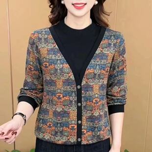 点击率甄选女装春秋新款圆领假两件洋气妈妈装减龄长袖百搭上衣服