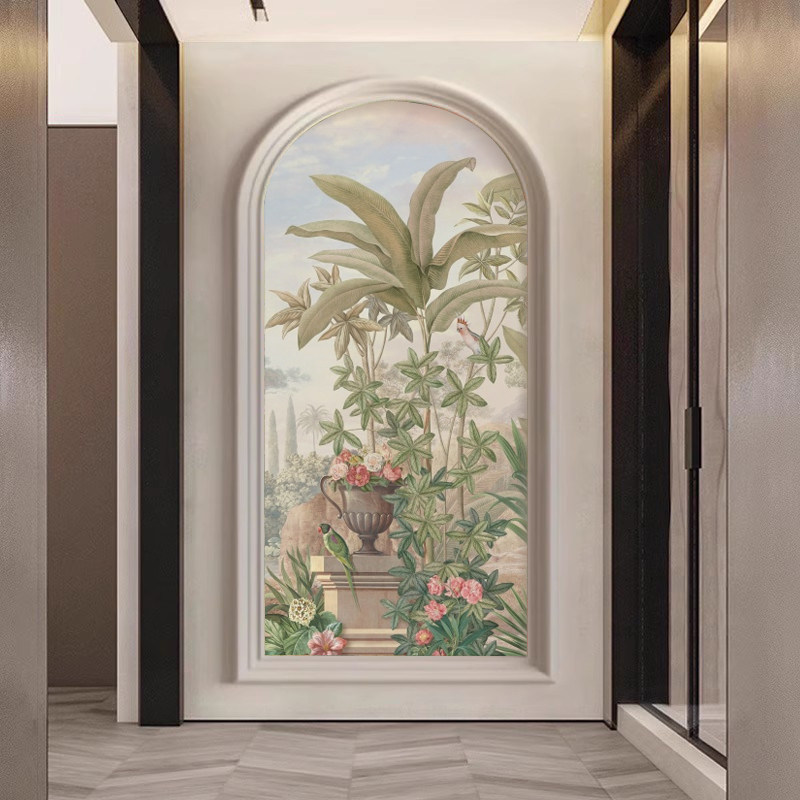 法式入户玄关装饰画复古花鸟拱形壁画轻奢奶油风走廊过道竖版壁纸