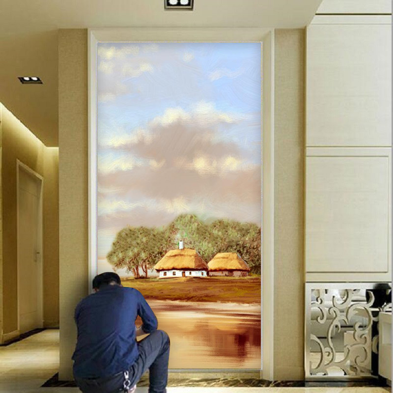 现代简约进门玄关背景墙壁纸油画风景走廊过道壁画客厅欧式装饰画