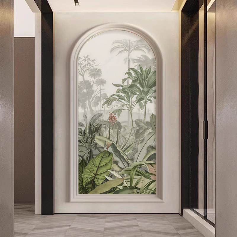 法式复古玄关壁纸东南亚热带植物客厅背景墙布拱形美式壁画防潮
