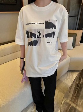 oversize短袖t恤小众纯棉夏季新款日系复古创意印花白色潮牌上衣