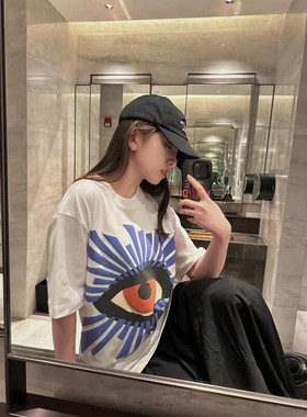 MHCF新品美式复古真理之眼纯棉短袖发泡印花小高领口设计T恤