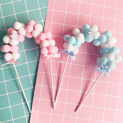 1Pcs Pink Blue Soft Pompom Cloud Cake Topper Baby Shower