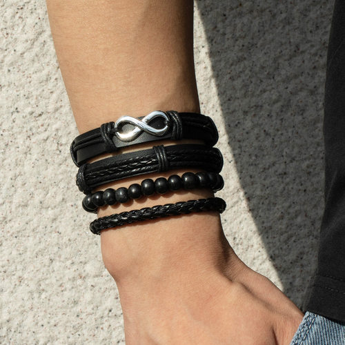 Black PU Leather Punk Boho Layers Bracelet Bangles for Men