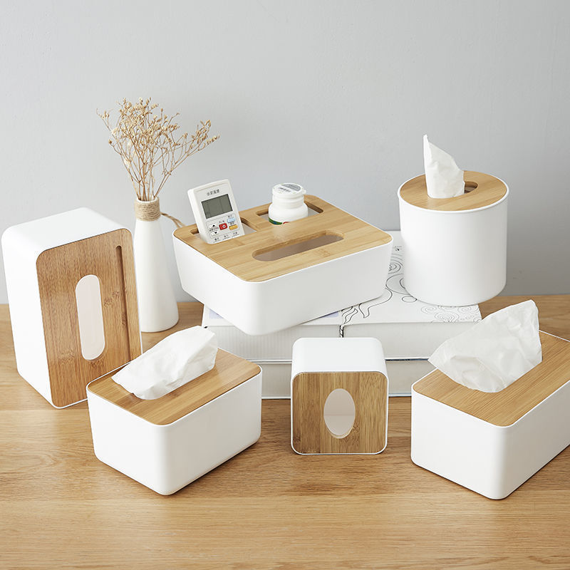 tissue box room paper storage napkin holder收纳竹盖纸巾盒