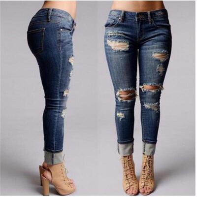 2017Fashion tall waist ripped jeans for women elastic pants
