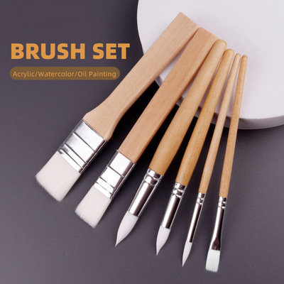 6 Pcs Nylon Wood Handle Paint Brushes Set Round Acrylic Oil