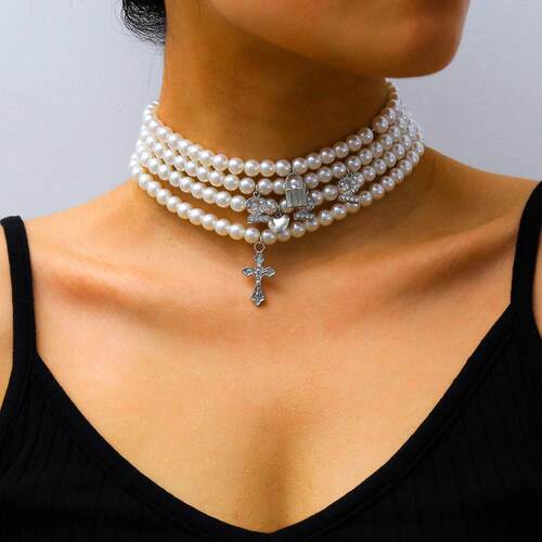 Punk Multi Layer Simulated Pearl Wrap Cross Necklace for